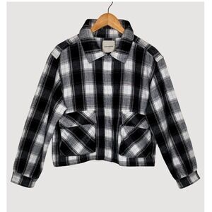 Lucky‎ Brand Plaid Shirt Jacket Cropped Large Black White Shacket Flannel Boxy